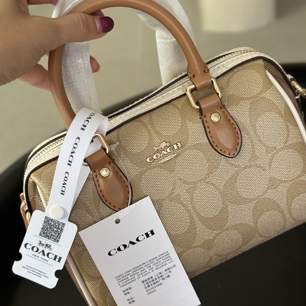 Coach Beige Signature Satchel with Tan Leather Handles and Gold Hardware